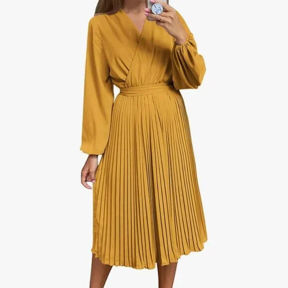 green emerald velvet dress Flowy Midi Dress - Yellow